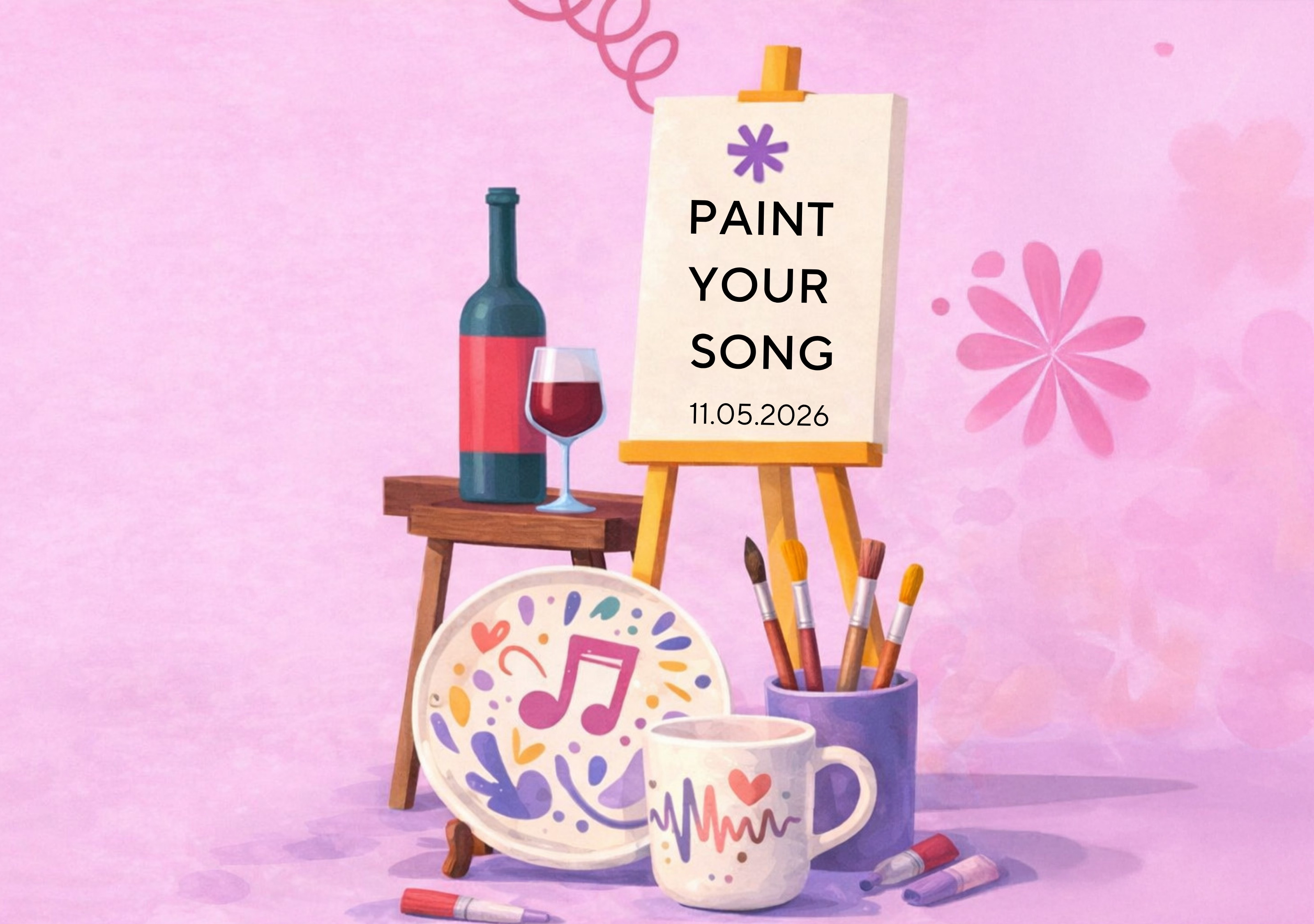 Lila Hintergrund und im Ordergrund eine Staffelei mit einem Bild das die Aufschrift "Paint your Song" zeigt und daneben eine Flasche Wein und am Boden Pinsel und eine Tasse und ein Dessertteller