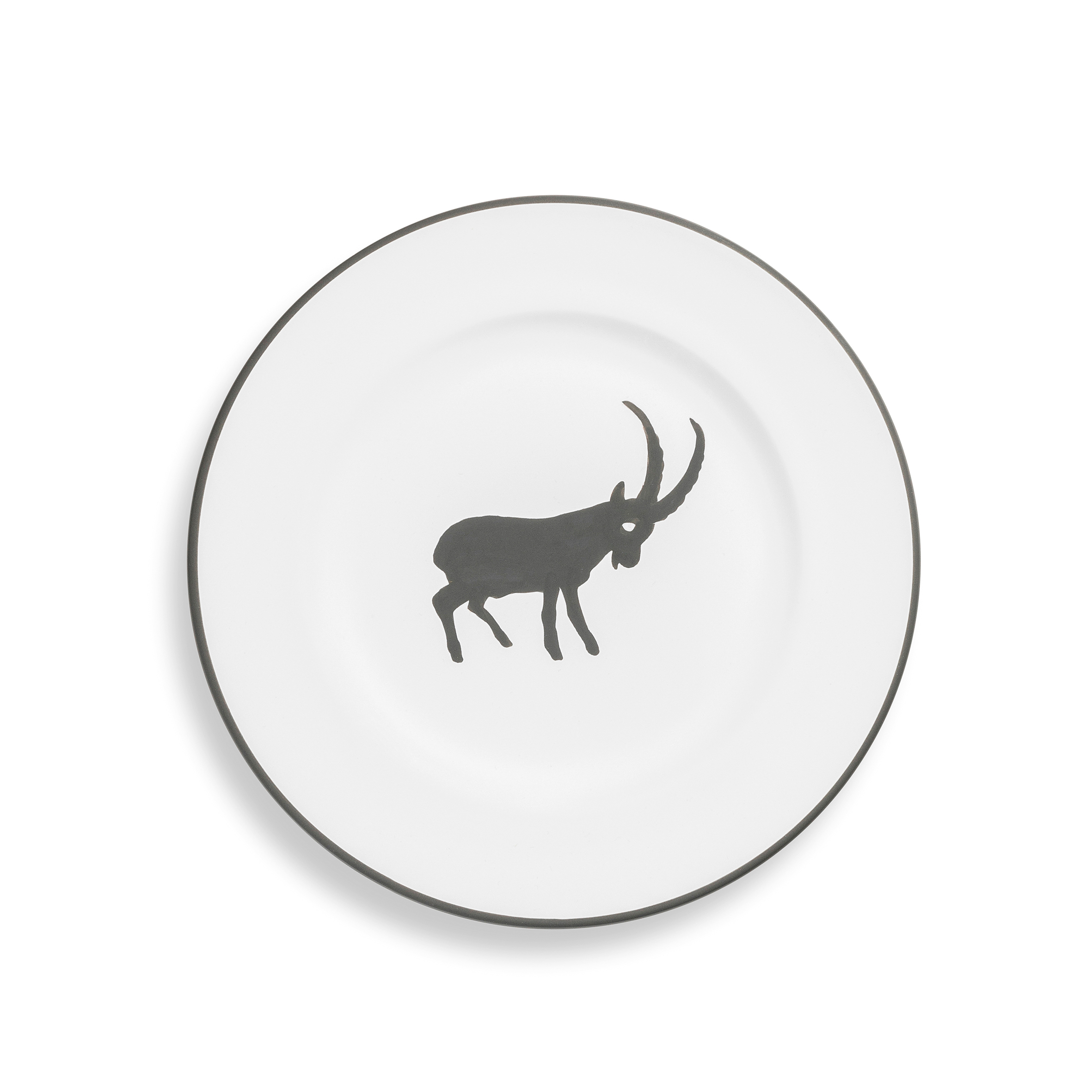 Dessertteller mit grauem Rand und einem grauen Steinbock in der Mitte auf weißem Hintergrund