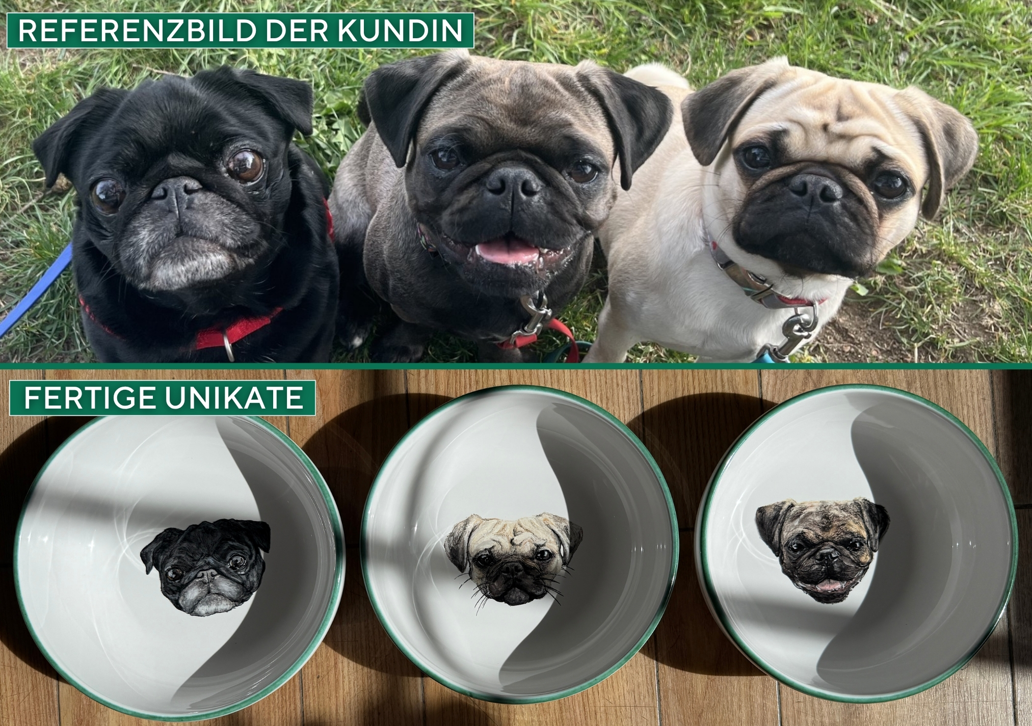 Personalisierte Hundeschüsseln mit dem Portrait der Hunde nach einem Referenzbild einer Kundin