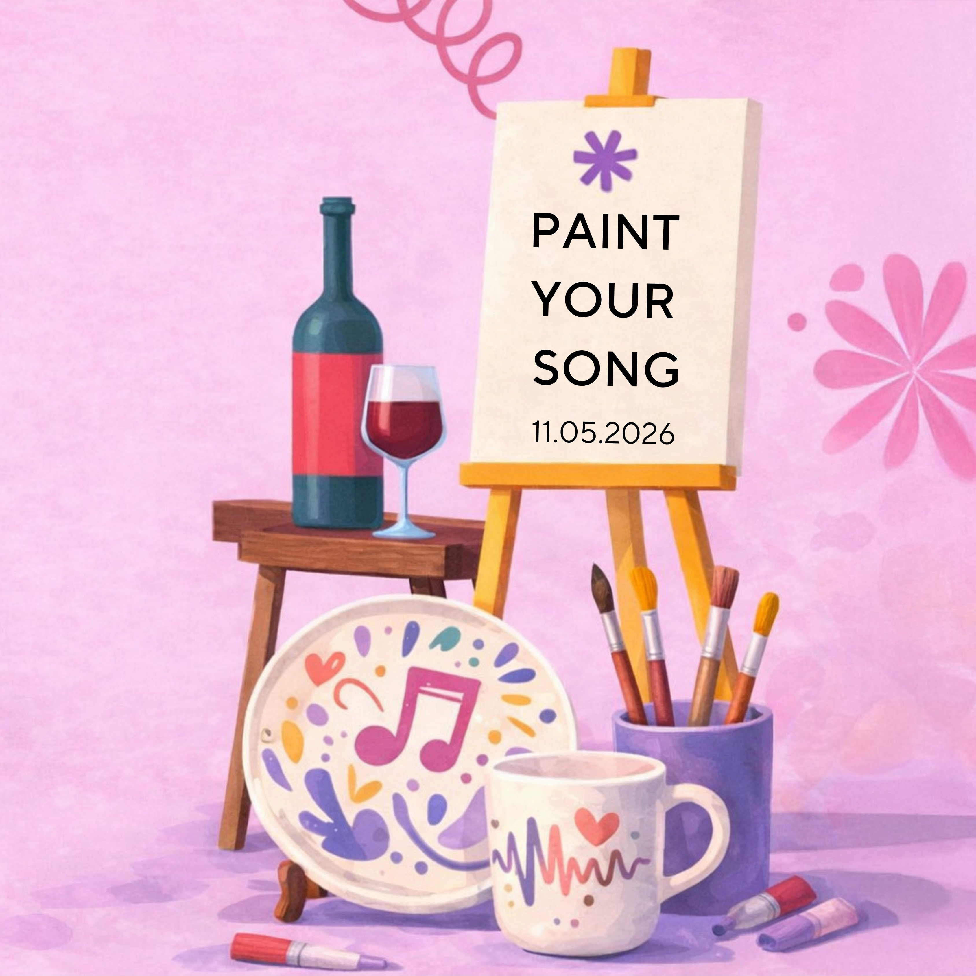 Lila Hintergrund und im Ordergrund eine Staffelei mit einem Bild das die Aufschrift "Paint your Song" zeigt und daneben eine Flasche Wein und am Boden Pinsel und eine Tasse und ein Dessertteller