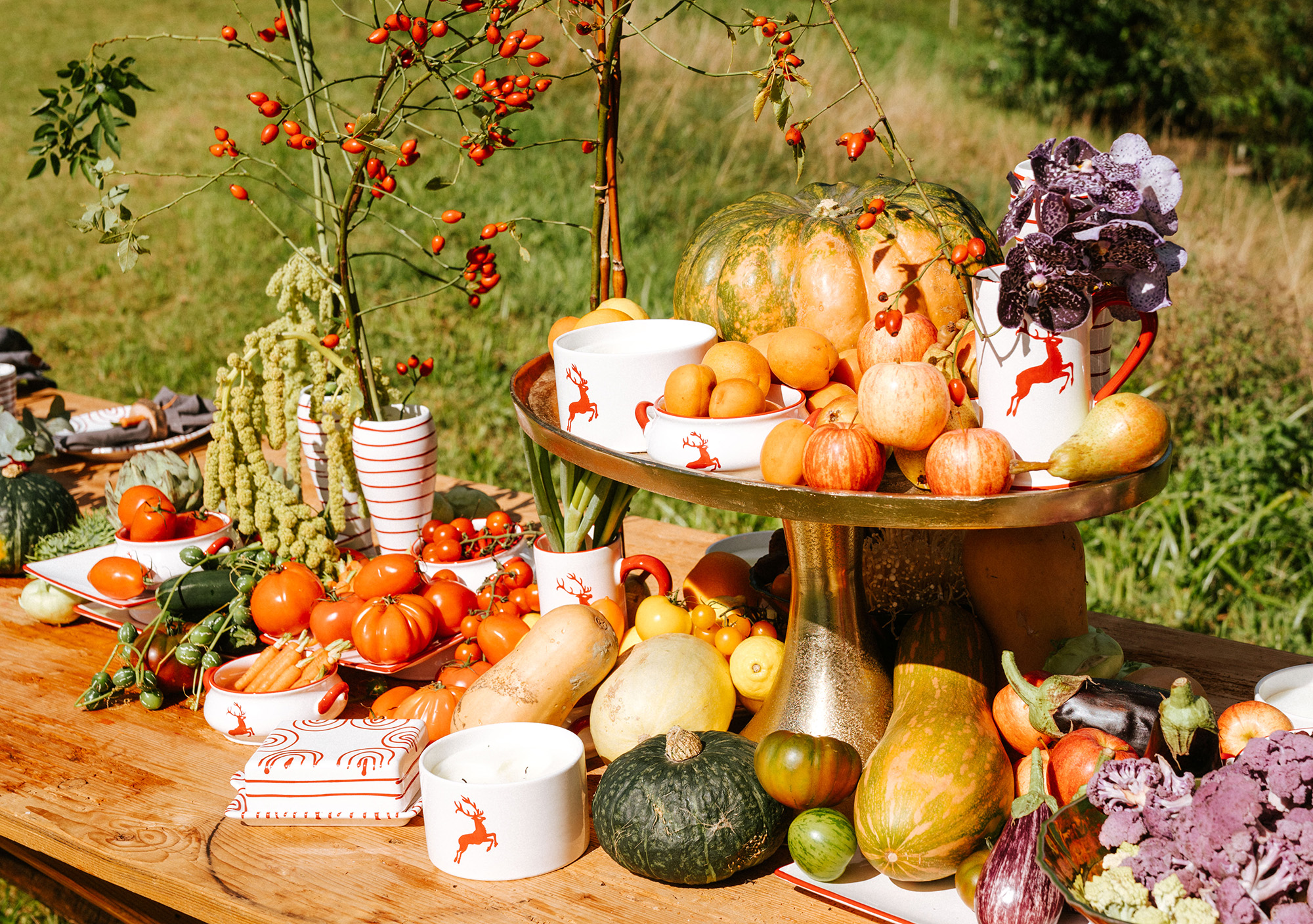 Herbstlich gedeckter Tisch auf einer Wiese mit Kürbissen und Geschirr im Design Rubinroter Hirsch