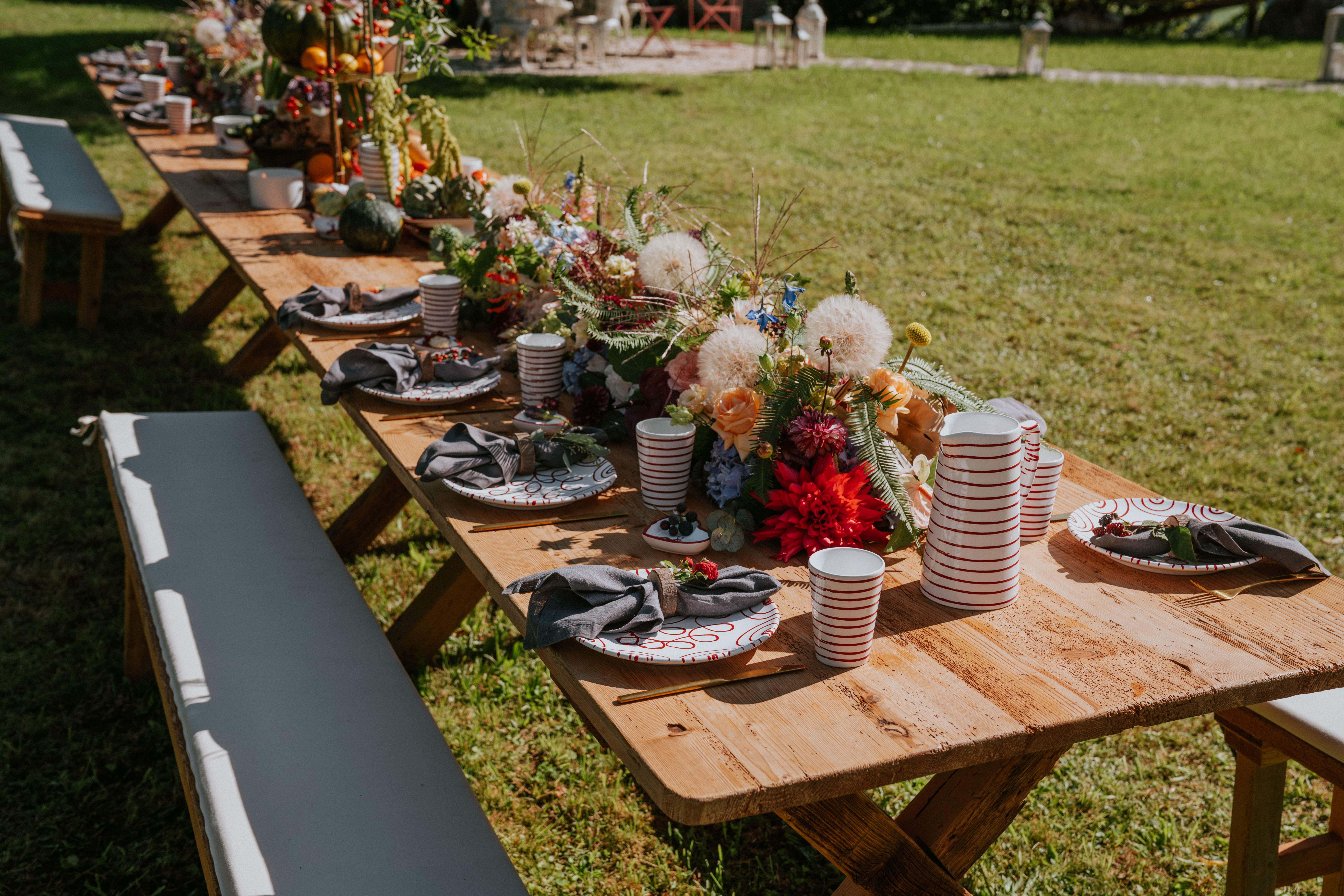 Lange gedeckte Tafel auf einer Wiese