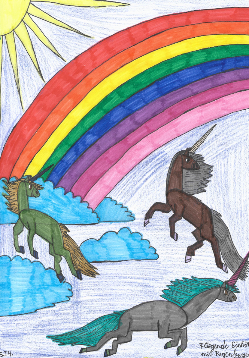 Zeichnung von fliegenden Einhörnern neben einem Regenbogen